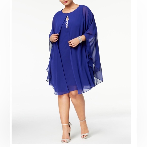 SLNY Women’s Formal Dress Plus Size 14W Blue Cape 2pc Shift Evening Gown NEW - Picture 1 of 5